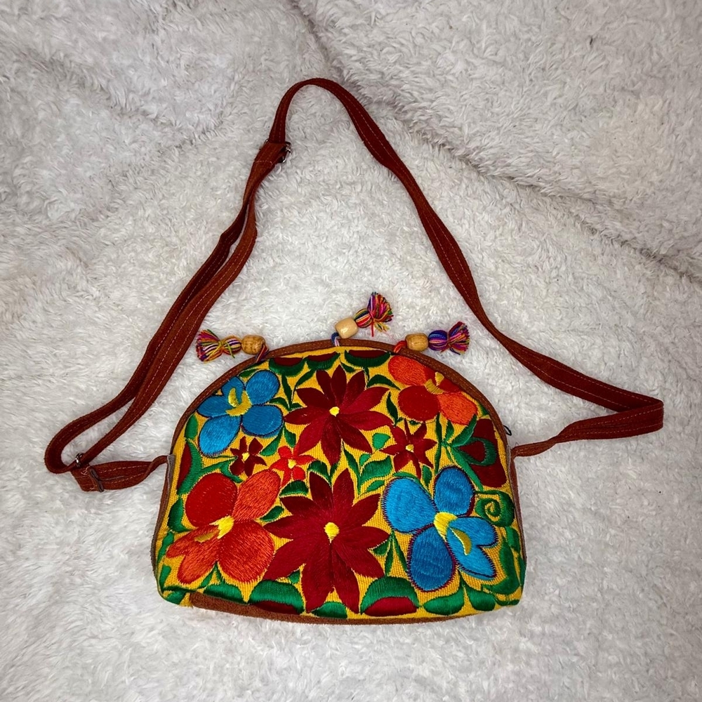 Beautiful Brown Leather Handbag with Vibrant Artisan Embroidered Design